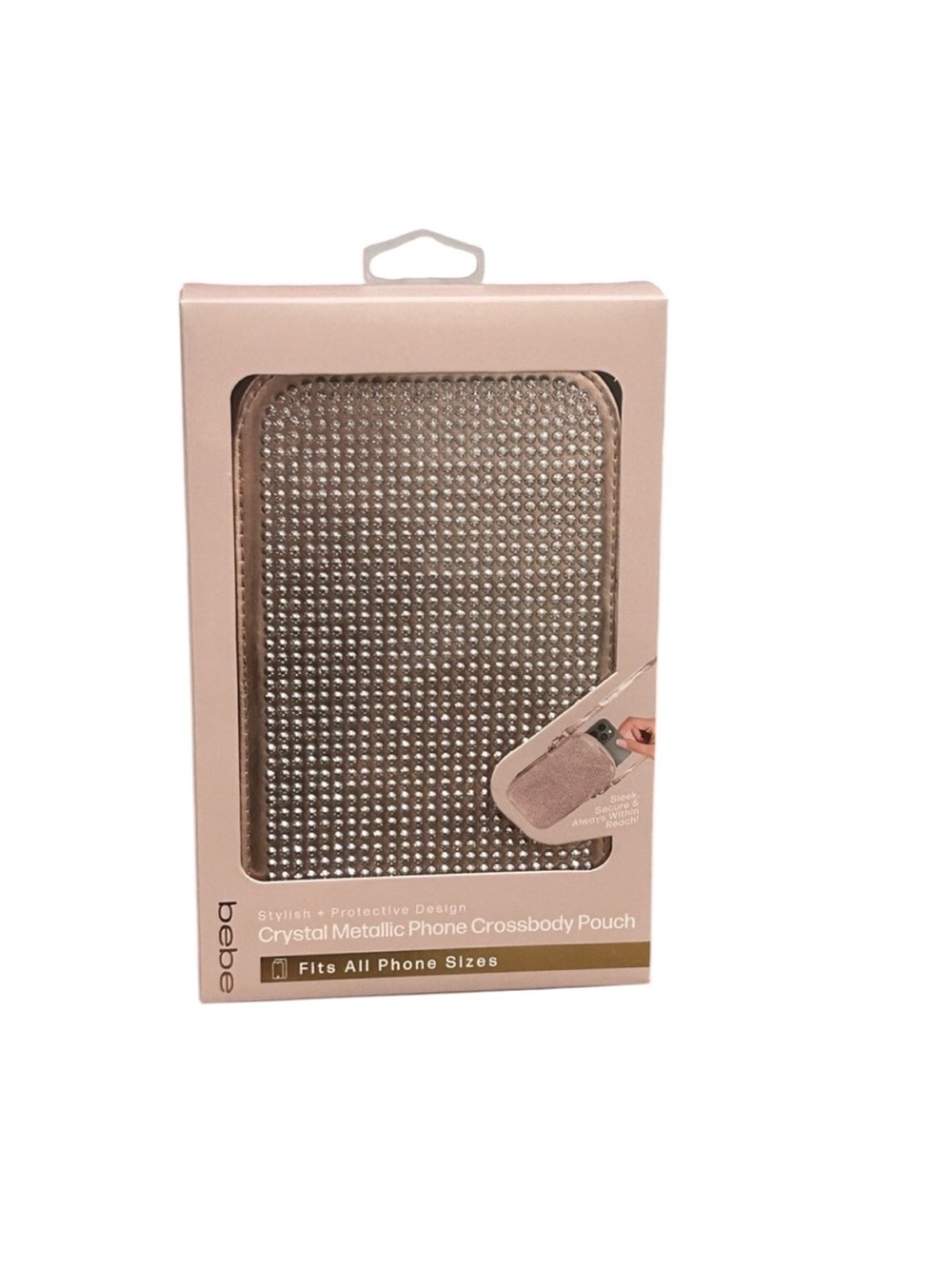 Bebe Metallic Rose Gold Phone Crossbody Bag with Crystal Accents - Picture 2 of 5